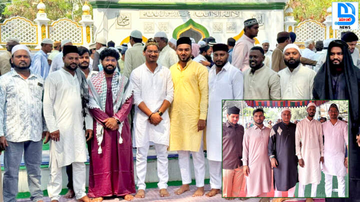 alt="Muslims greeting Eid Mubarak hugging"